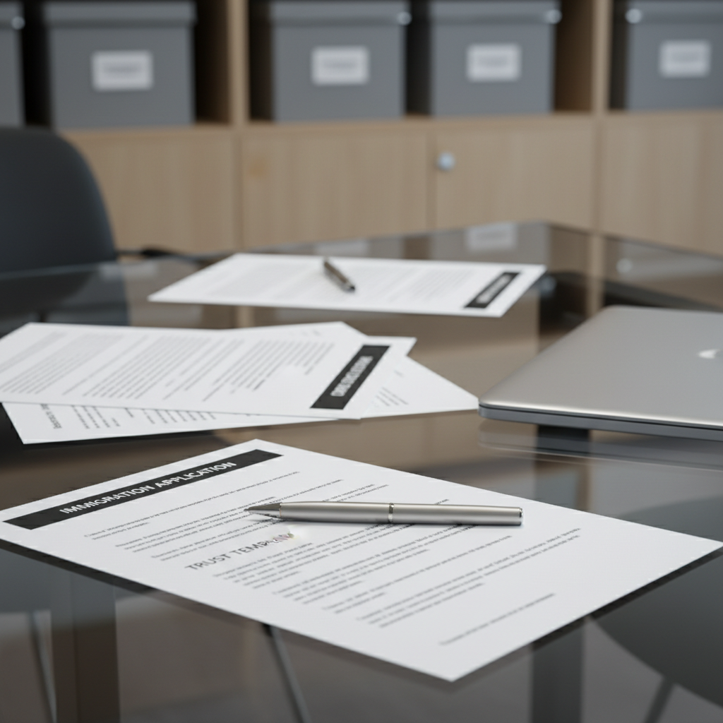 A close-up, photographic view of a polished glass conference table covered with neatly aligned legal forms: immigration applications, business registration forms, trust templates, and contract drafts, each with visible but unreadable text blocks and clear section titles. A stainless-steel pen rests diagonally across the top form, and a slim, closed laptop sits off to the side, reflecting subtle highlights. Diffused overhead office lighting creates soft reflections on the glass surface without glare, contributing to a clean, organized mood. Shot from a slightly elevated angle with moderate depth of field, the foreground paperwork is in sharp focus while the edges of the room, with minimalist shelving and neatly labeled document boxes, are softly blurred, evoking precision, efficiency, and professionalism.