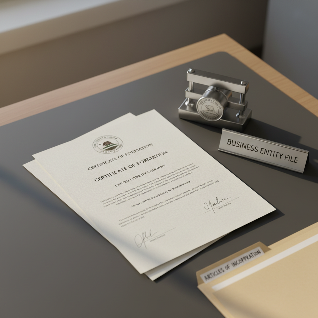 An elegant, photographic depiction of a California business formation document on premium, slightly textured ivory paper, centered on a charcoal-gray desk pad. To one side lies a sleek, brushed-metal company seal embosser and a minimalist, chrome desk nameplate that simply reads “Business Entity File.” A folded manila file folder labeled Articles of Incorporation peeks into the frame. Natural afternoon light streams in from the left, creating gentle highlights along the metal surfaces and subtle shadows under the papers. Composed at eye level with the document slightly angled toward the viewer, the scene has a calm, methodical atmosphere, emphasizing clarity, compliance, and attention to detail for Los Angeles business owners seeking document preparation services.